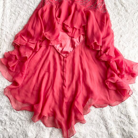Scala prom dress coral pink 100% silk‎ ruffle hem slip gown beaded sequin formal - Picture 5 of 17